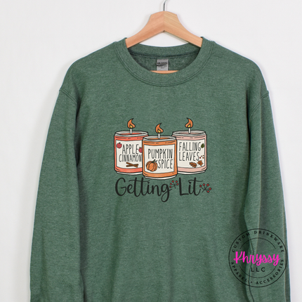 Heather sport dark green crewneck sweatshirt with a hand-illustrated candle print.