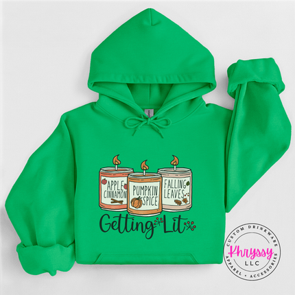 Irish Green hoodie with the Getting Lit fall candles graphic
