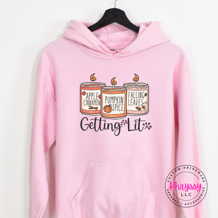 Light Pink hoodie with the pumpkin spice and apple cinnamon candles design