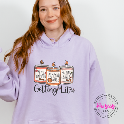 Orchid hoodie with the cozy fall candles script graphic