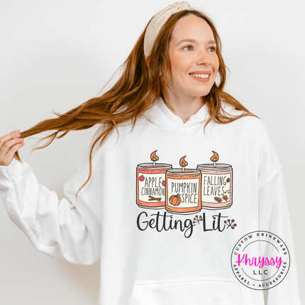 White hoodie with the pumpkin spice and apple cinnamon candles design