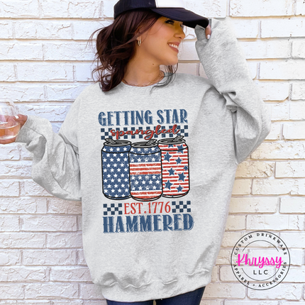 Ash crewneck sweatshirt with a vintage star-spangled beer-can graphic on the chest.