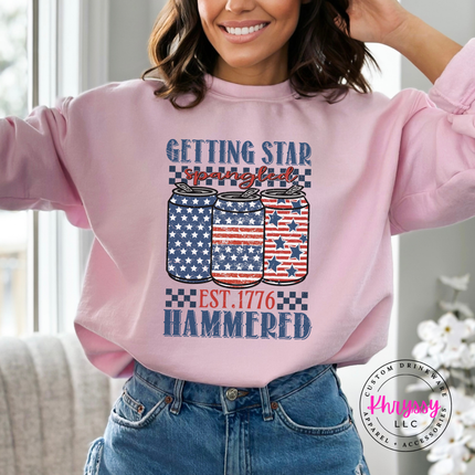 Light Pink crewneck sweatshirt showing a retro Americana beer-can graphic in navy and red.