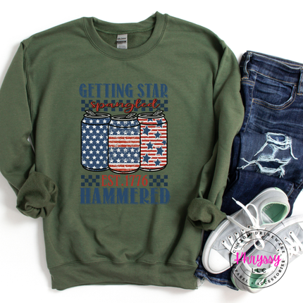 Military Green crewneck sweatshirt with a faded star-spangled hammered beer-can design.