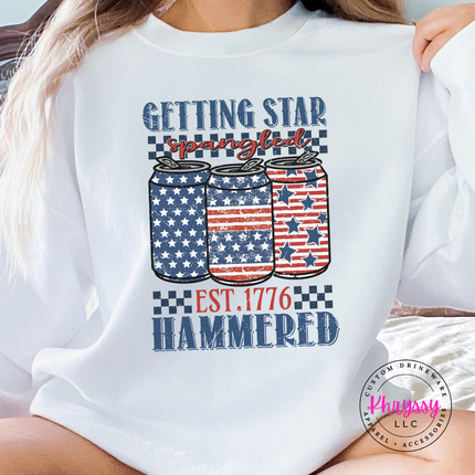 White crewneck sweatshirt featuring a distressed patriotic beer-can print.