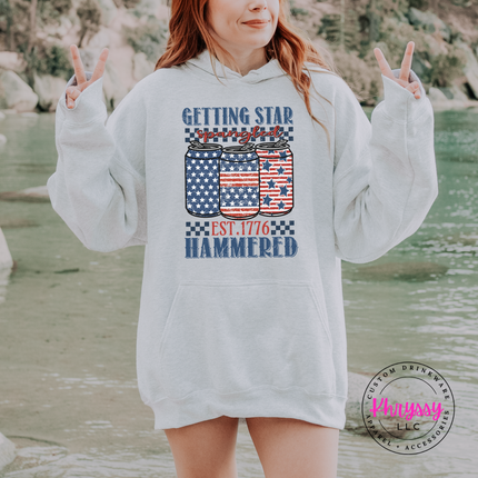 Ash pullover hoodie with a vintage star-spangled beer-can graphic on the chest.