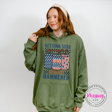 Military Green pullover hoodie with a faded star-spangled hammered beer-can design.