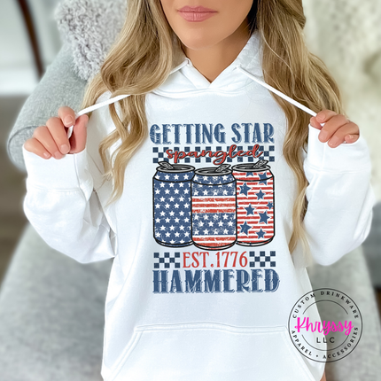 White pullover hoodie featuring a distressed patriotic beer-can print.