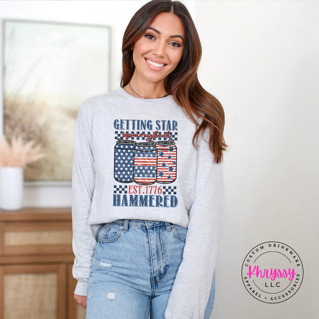 Ash long sleeve tee with a vintage star-spangled beer-can graphic on the chest.