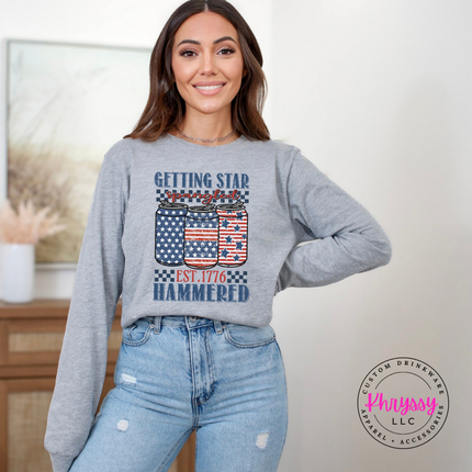 Athletic Heather long sleeve tee featuring a distressed patriotic beer-can print.