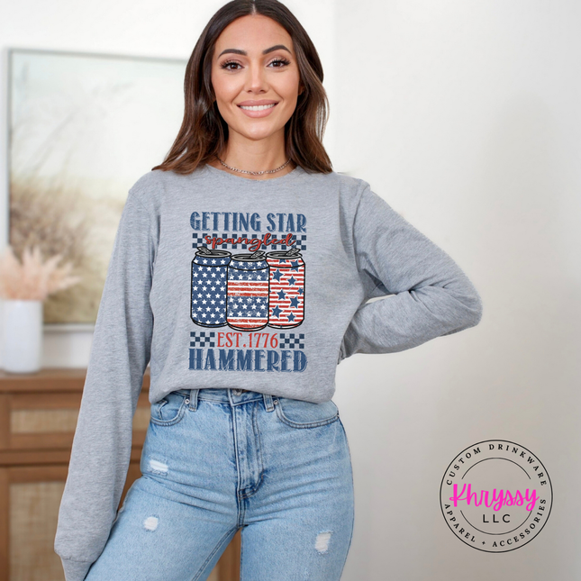 Athletic Heather long sleeve tee featuring a distressed patriotic beer-can print.