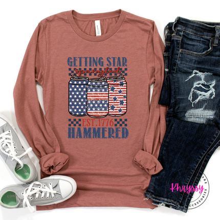 Heather Mauve long sleeve tee showing a retro Americana beer-can graphic in navy and red.
