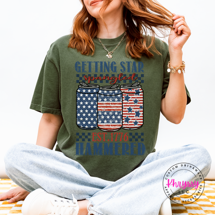 Hemp garment-dyed tee showing a retro Americana beer-can graphic with cream cans.