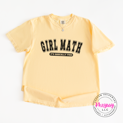 Close-up of a Butter tee featuring bold varsity Girl Math lettering.