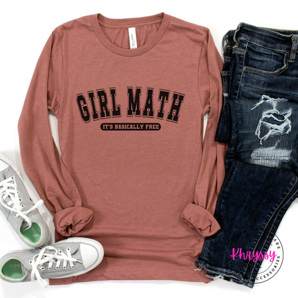 Heather Mauve tee styled with jeans, showing the funny Girl Math quote.