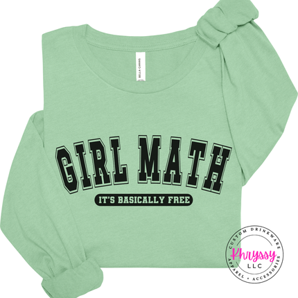 Mint tee flat lay with the black varsity Girl Math text graphic.