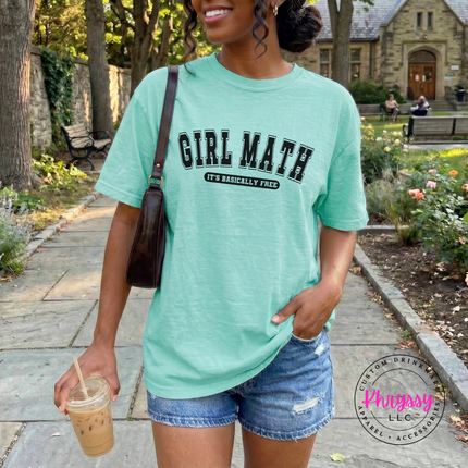 Chalky Mint tee styled with jeans, showing the Girl Math print.