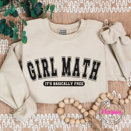 Sand crewneck sweatshirt styled with jeans, showing the funny quote.