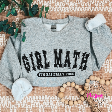 Sport Gray crewneck flat lay with the black Girl Math text design.