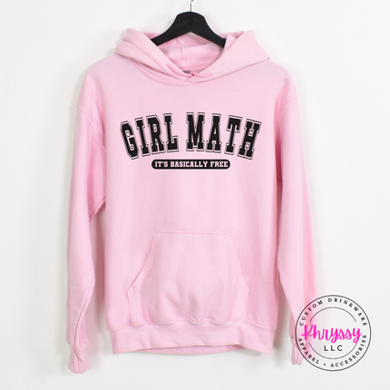 Light Pink hoodie featuring bold varsity Girl Math lettering design.