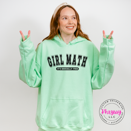 Woman wearing a mint hoodie with the Girl Math graphic.