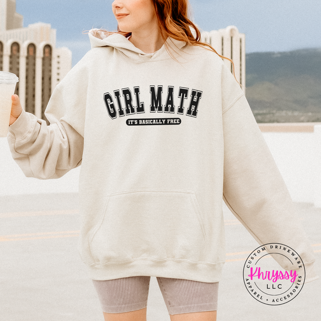 Sand hoodie flat lay with the black Girl Math text graphic.