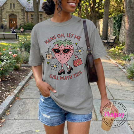 Retro strawberry girl math graphic on a Gray pigment-dyed t-shirt.