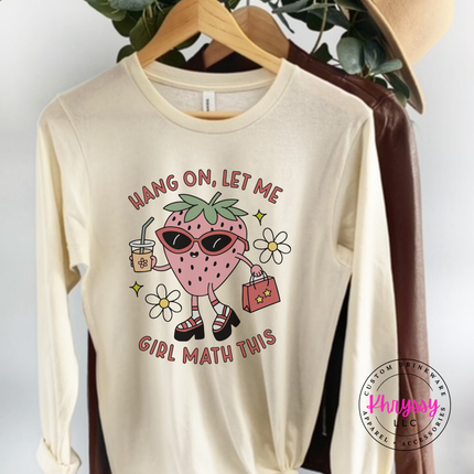 Lightweight girl math strawberry tee in Natural with shopping bag graphic.
