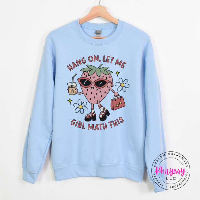 Cozy Light Blue sweatshirt with retro girl math strawberry graphic.