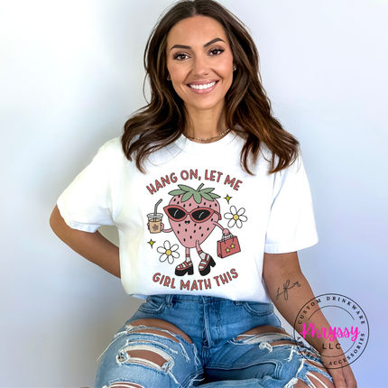 Woman wearing a White girl math strawberry tee with shopping bag graphic.