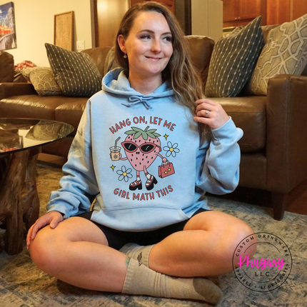 Cozy Light Blue hoodie with retro girl math strawberry design.