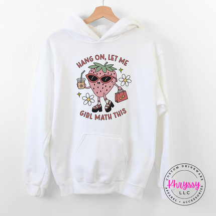 Girl math strawberry hoodie in White with drawstring hood and kangaroo pocket.