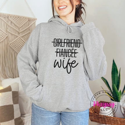 Girlfriend Fiancée Wife Strikethrough Gildan Heavy Blend Hoodie — Cozy Bride Gift