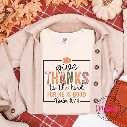 
Hemp garment-dyed tee with a Give Thanks To The Lord verse print.
