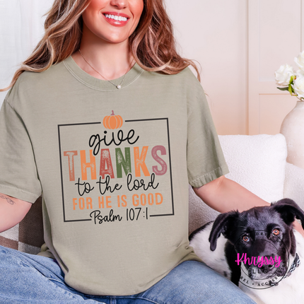 Sandstone pigment-dyed tee with a warm gratitude scripture design.