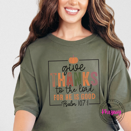 Sage tee with the Give Thanks to the Lord Psalm graphic