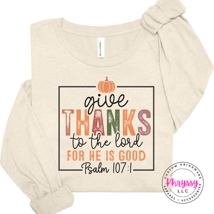 Heather Natural long sleeve featuring a boxed fall scripture design.