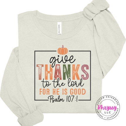 Citron long sleeve tee with the Thanksgiving Bible verse pumpkin print