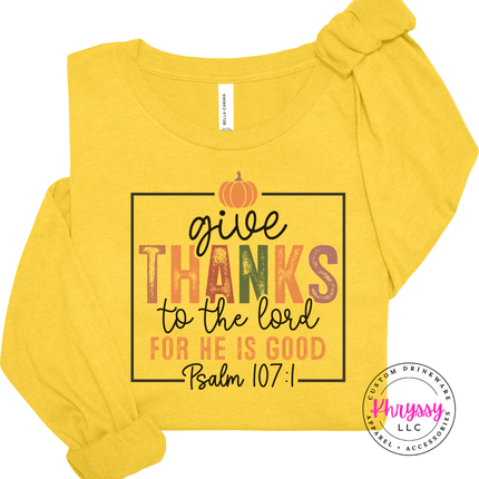 Heather Yellow Gold long sleeve tee with the faith based give thanks scripture graphic