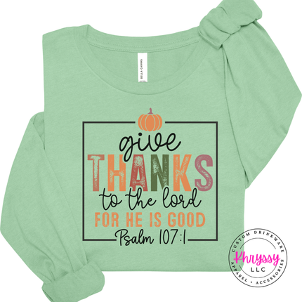 Mint long sleeve tee with the Thanksgiving Bible verse pumpkin print