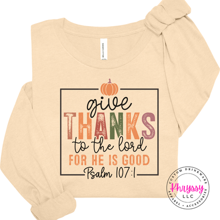 Soft Cream long sleeve styled for fall with a faith-based pumpkin graphic.
