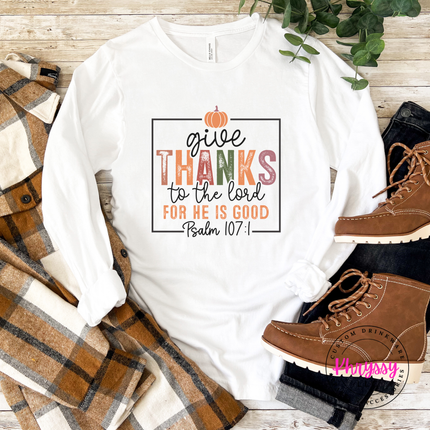 Solid White Blend long sleeve with a warm gratitude scripture design.