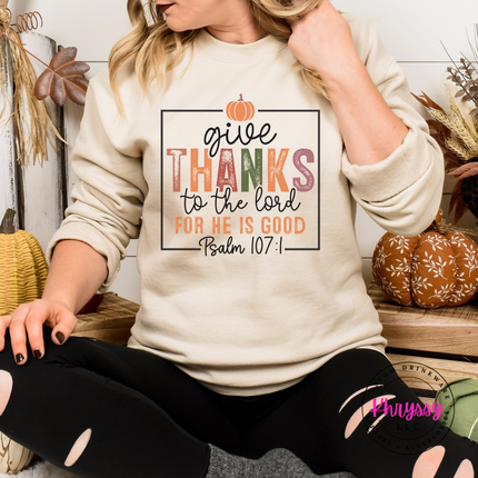 Sand fleece crewneck styled for fall with a faith-based pumpkin graphic.