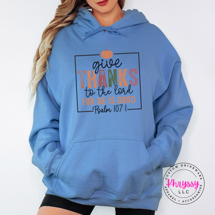 Carolina Blue hoodie with the Thanksgiving Bible verse pumpkin print