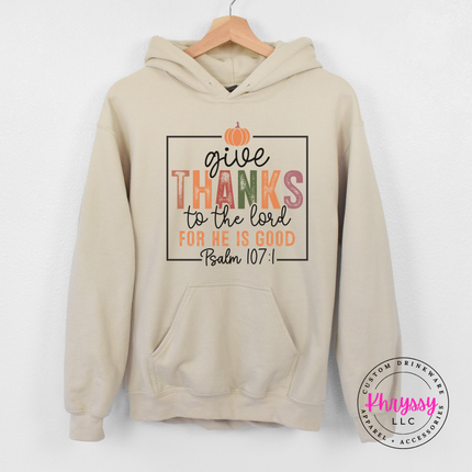 Sand heavyweight hoodie styled for fall with a faith-based pumpkin graphic.