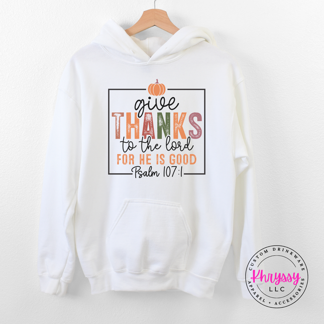 White fleece hoodie with drawstring hood and a warm gratitude scripture design.