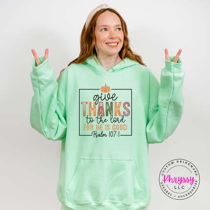 Mint Green hoodie with the Thanksgiving Bible verse pumpkin print