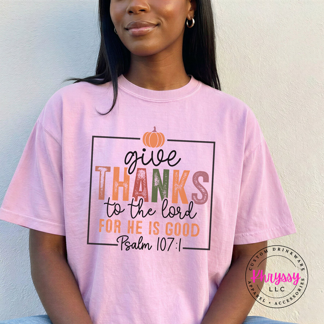 Soft Blossom pigment-dyed tee featuring a boxed fall scripture design.