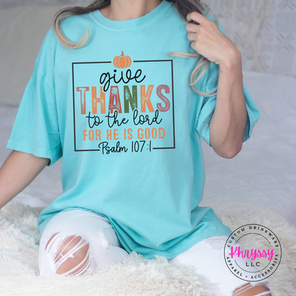 Chalky Mint tee with the Thanksgiving Bible verse pumpkin print