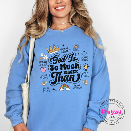 Carolina Blue crewneck sweatshirt featuring a retro God Is So Much Bigger Than design.
